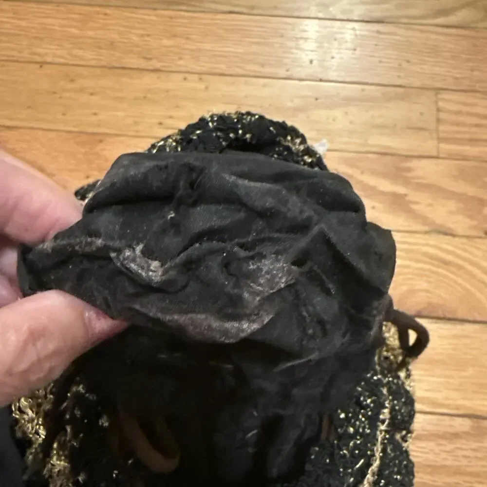 Vintage Black and Gold Metallic Draw String Evening Bag Clutch Purse DAMAGES